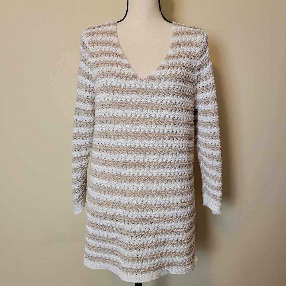 Dana Buchman Size L Loose Open Knit Sweater Pullover V Neck Stripe Long Sleeve